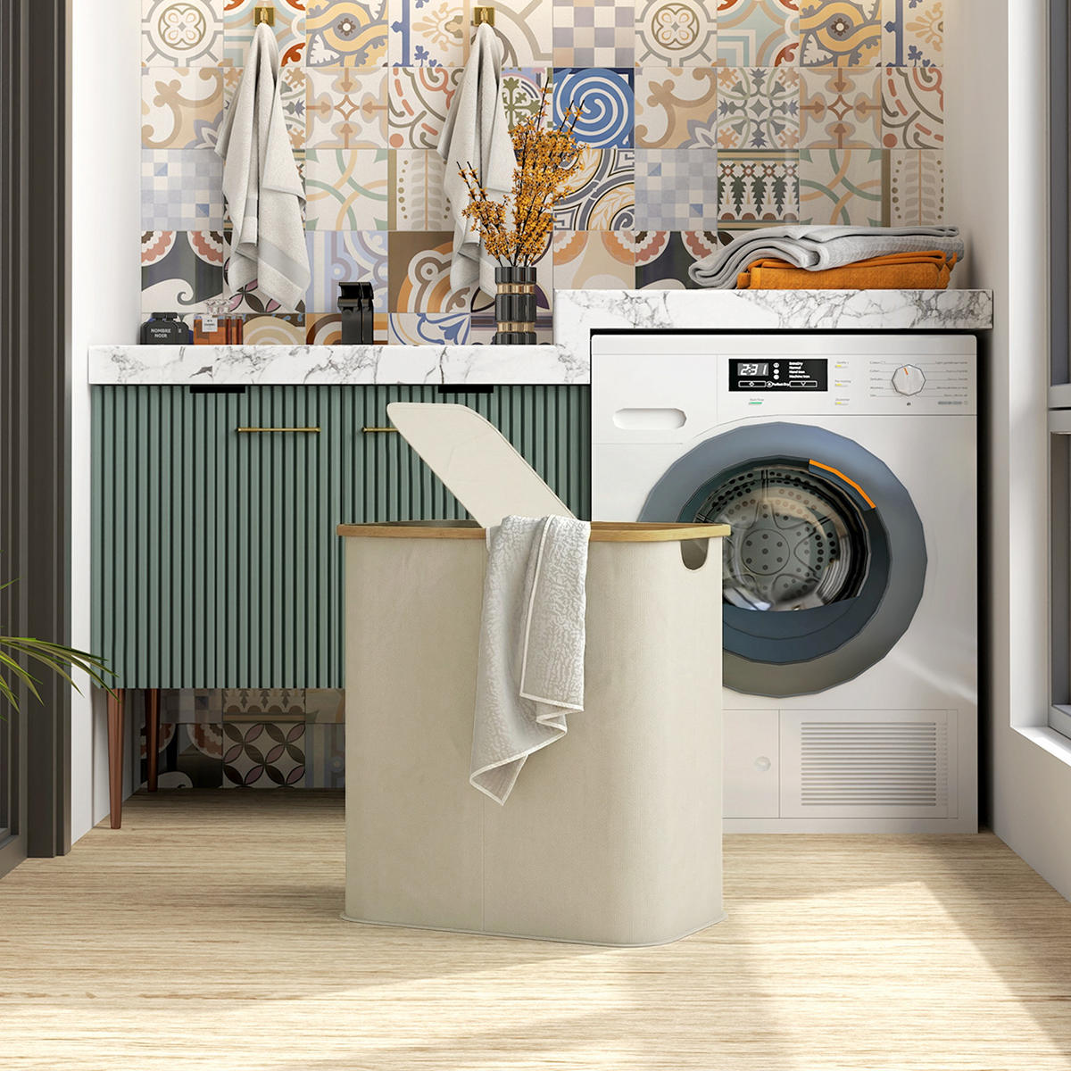 WÄSCHEKORB DE-18814 2 Fächer, 80L mit Deckel & klappbar Beige - Beige, Textil (54/58.5/34cm) - ComfortXL