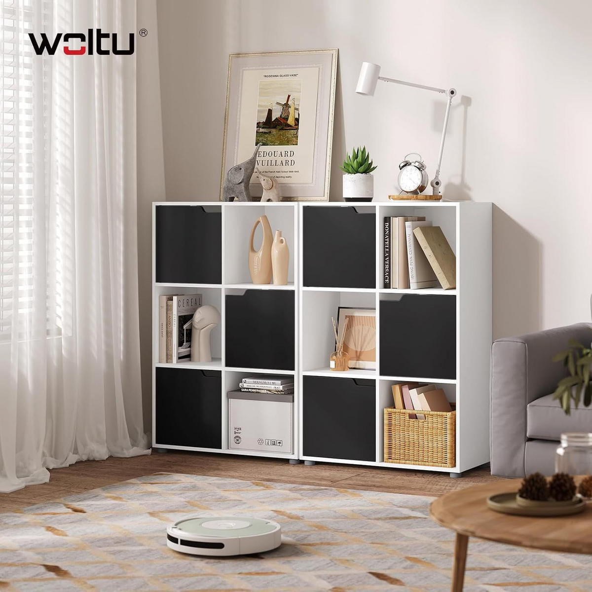 REGALE Bücherregal mit 3 Türen, 6 Fächer, Weiß+Schwarz - Schwarz/Weiß, Holzwerkstoff/Kunststoff (59.6/91/29cm) - Woltu