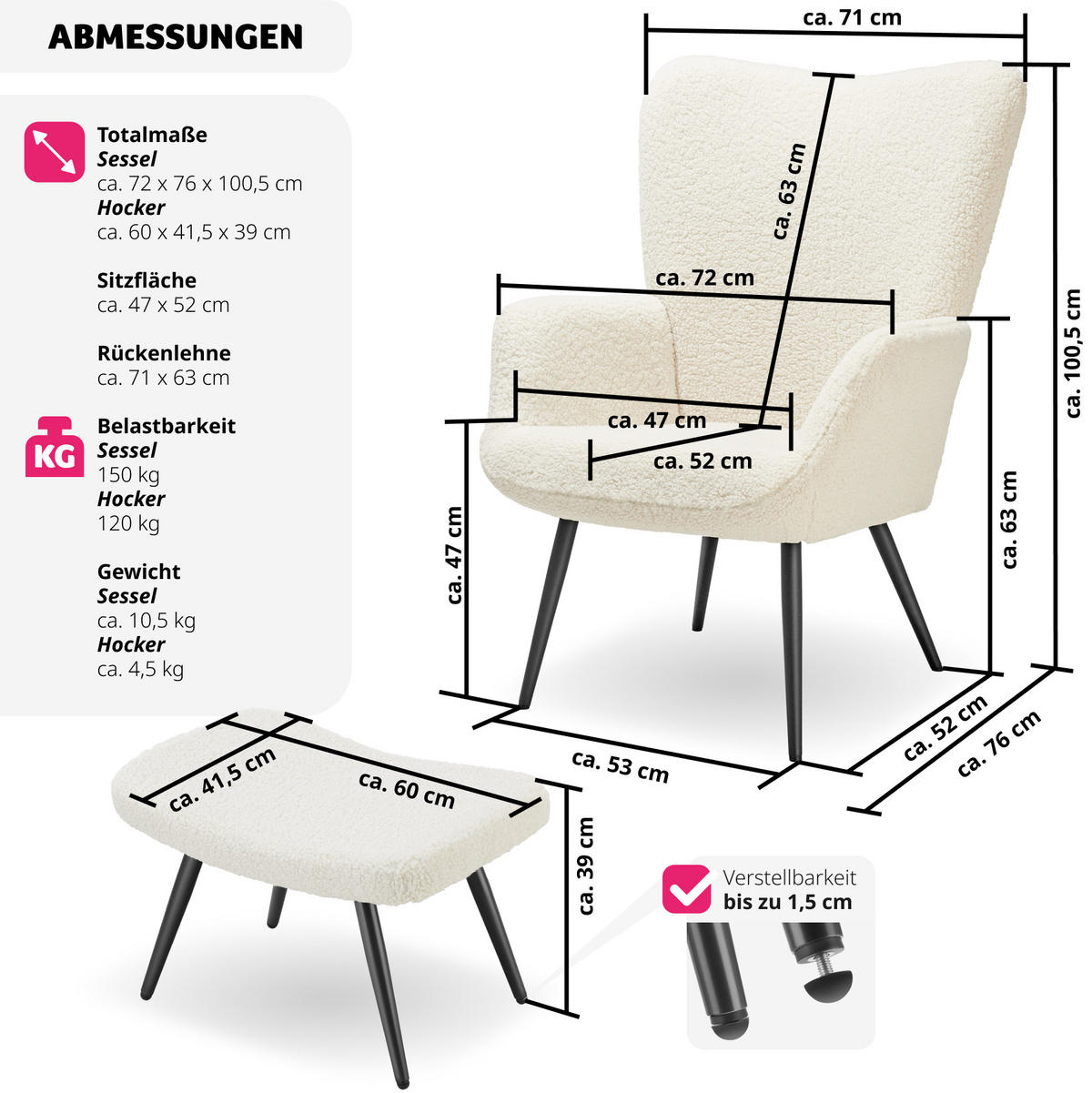 SESSEL Hygge,72 x 76 x 100,5 cm,Bouclé creme/schwarz - Creme/Schwarz, Kunststoff (72/100.5/76cm) - tectake