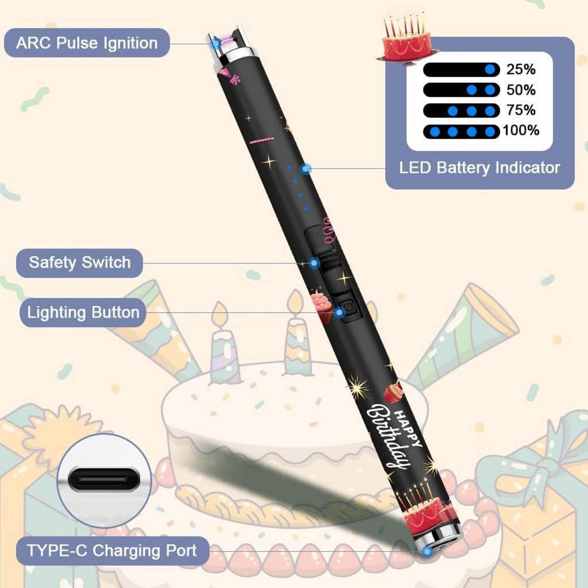 FEUERZEUG Bogen USB wiederaufladbar mit LED-Anzeige Schwarz - Schwarz, Kunststoff (0.5/0.5/10cm)