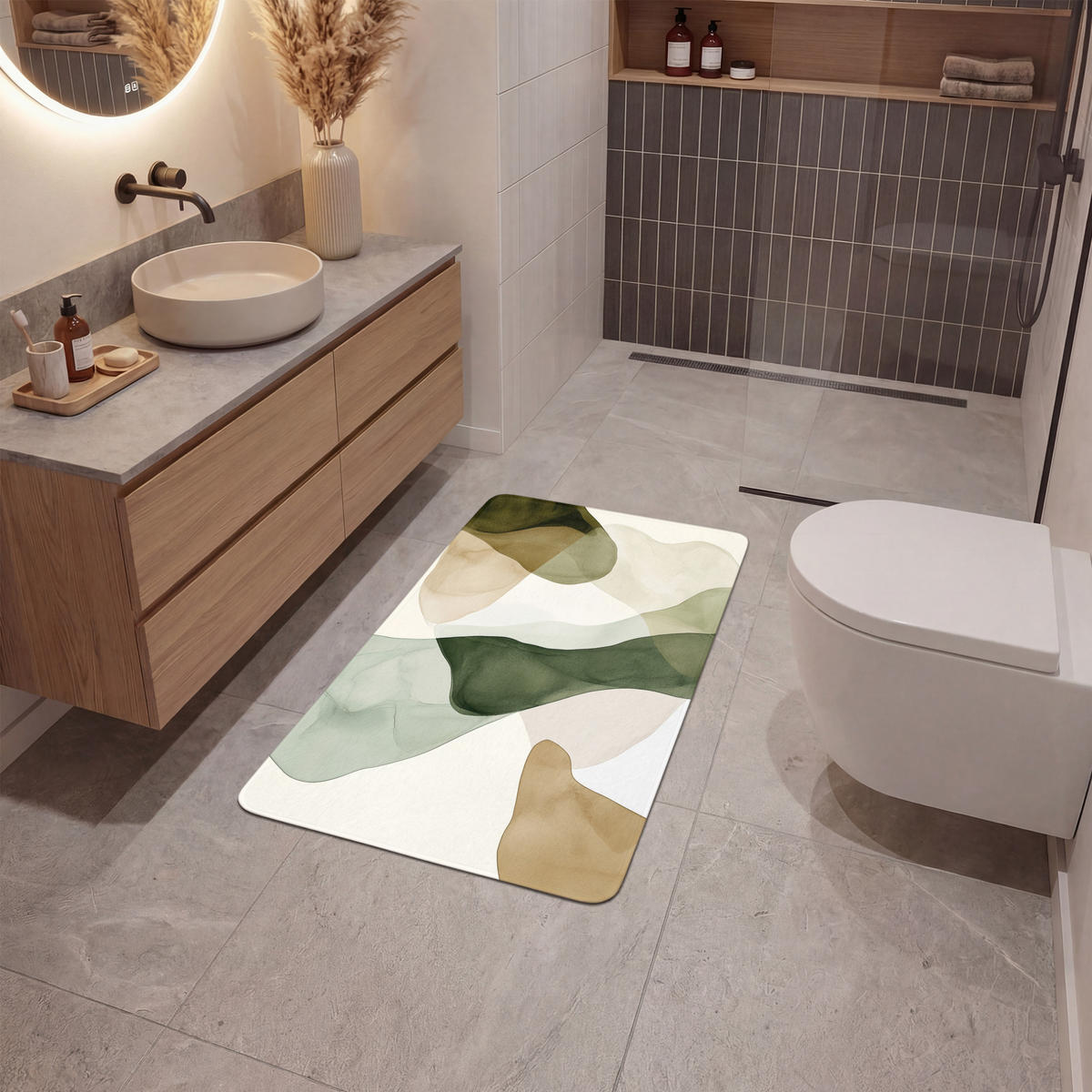 KÚPEĽŇOVÁ PREDLOŽKA Japandi - Abstraktné - Zelené 60x90 cm - zelená, textil/plast (60/90cm) - OnlyWow