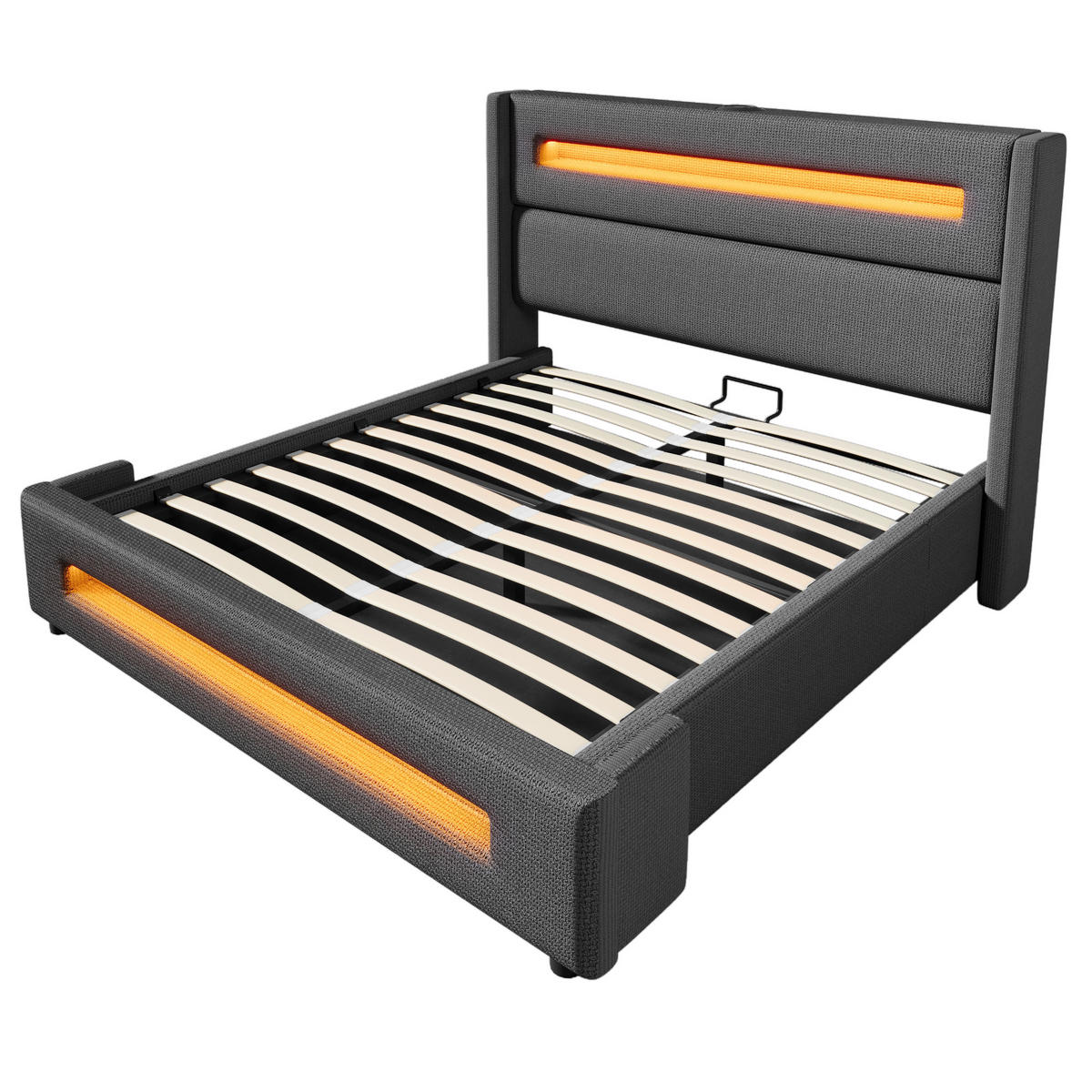 POLSTERBETT 160/200 cm Grau mit LED-Beleuchtung und Stauraumfunktion - Grau, Textil (160/200cm) - OKWISH