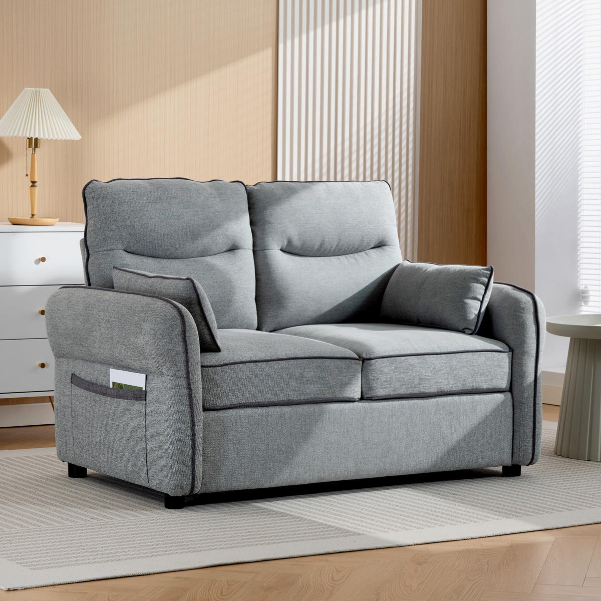 SOFA, 2-Sitzer, ägyptischer Samt, 2 Kissen, Seitentasche, grau, 136x81x90cm - Multicolor, Holzwerkstoff (136/90/81cm) - FORIOUS