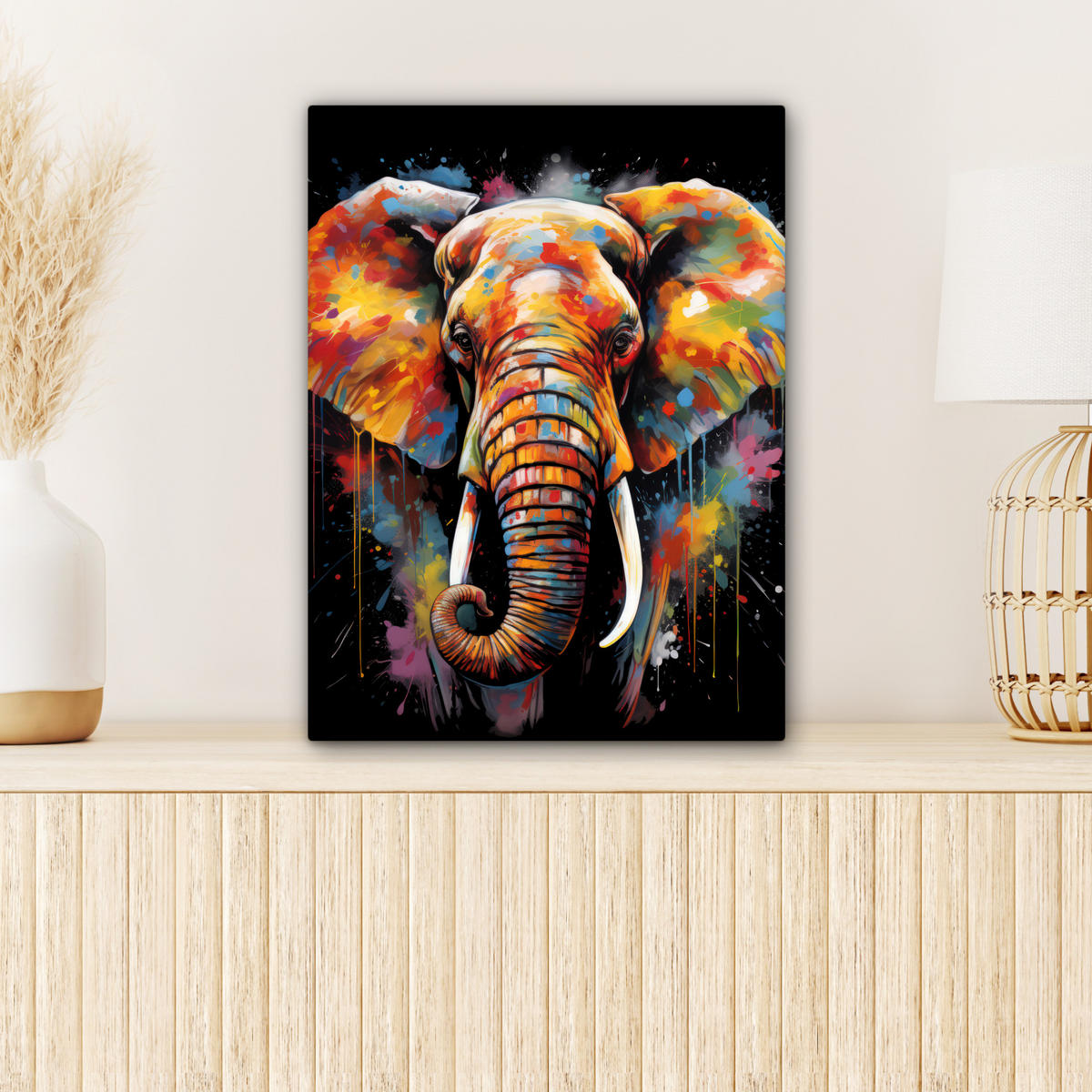 LEINWANDBILD Elefant - Graffiti - Schwarz - Tiere - Farben 30x40 cm - Schwarz, Textil (30/40cm) - MuchoWow