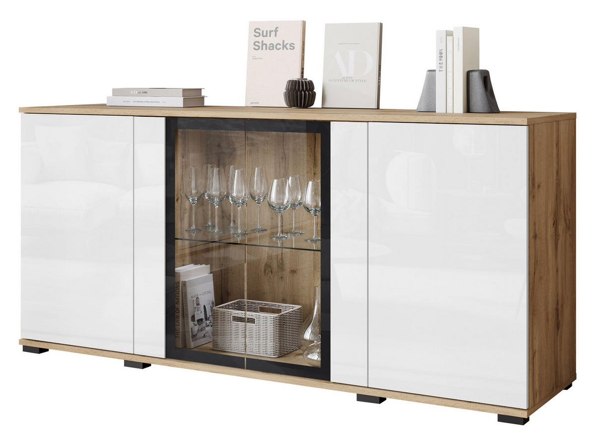 KOMMODE Caro SB 154 4D mit weißer LED Beleuchtung - Eiche Wotan/Schwarz, Holzwerkstoff/Kunststoff (150/70/40cm) - MIRJAN24