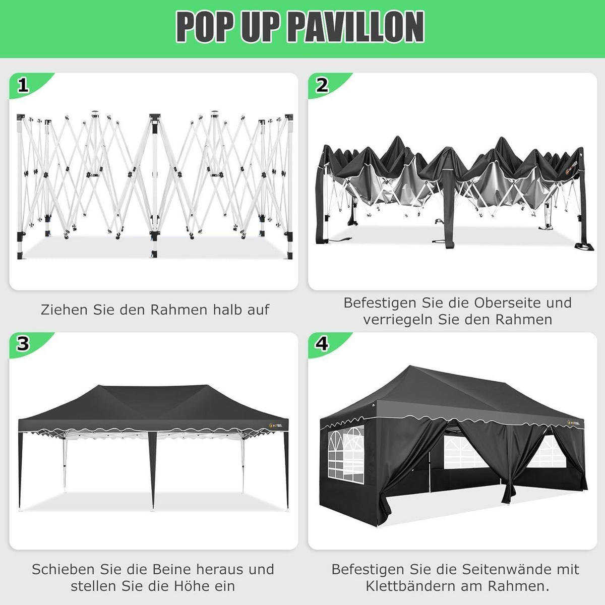 FALTPAVILLON 3x6m Wasserdicht UV50+ Schwarz mit Seitenwänden - Schwarz, Textil (300/203/600cm)