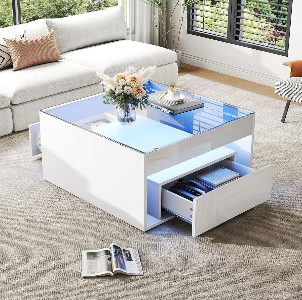 COUCHTISCH 70/70/35 cm in Weiß aus MDF und Glas mit LED und Stauraum - Weiß, Holzwerkstoff (70/70/35cm) - OKMYHOME