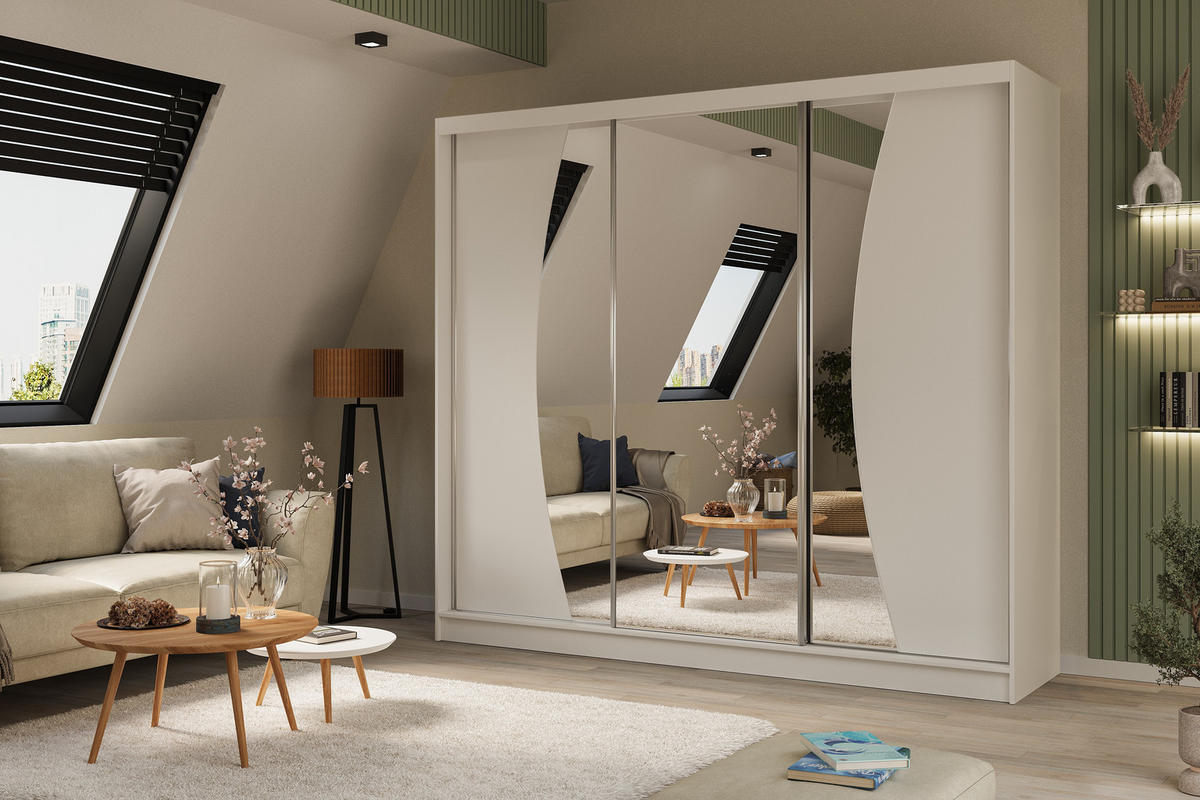 KLEIDERSCHRANK mit Spiegel-Schiebetüren und Aluminium-Leisten - VOXI - 240 cm Weiß - Weiß, Holzwerkstoff (240/216/61cm) - ALTDECOR