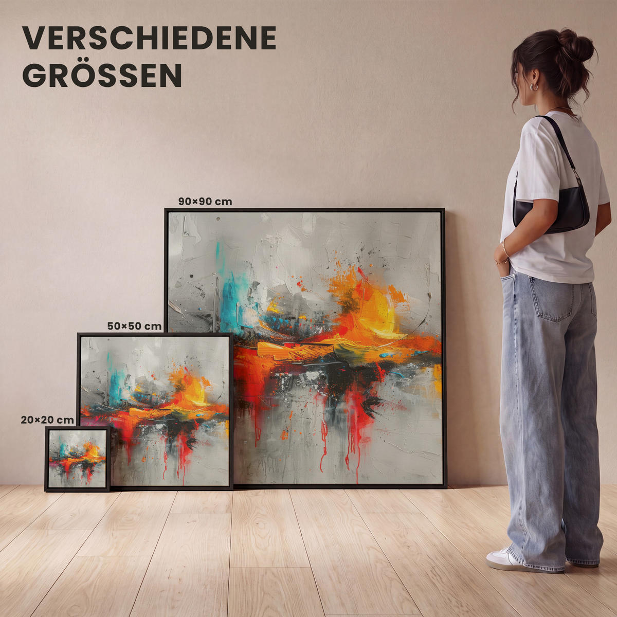 LEINWAND Bilder mit Rahmen - Moderne Kunst - Orange - Grau - Abstrakt - 20x20 - Hellgrau, Textil (20/20cm) - MuchoWow
