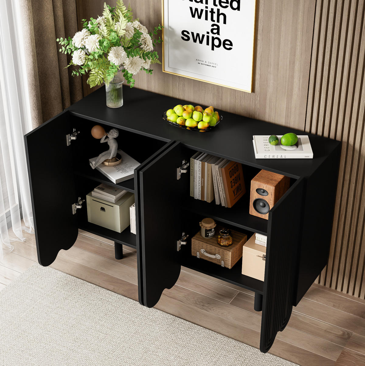 SIDEBOARD 120/37,5/80,8 cm in Schwarz mit 4 Türen und tropfenförmiger Front - Schwarz, Holzwerkstoff (120/37.5/80.8cm) - BEAOK