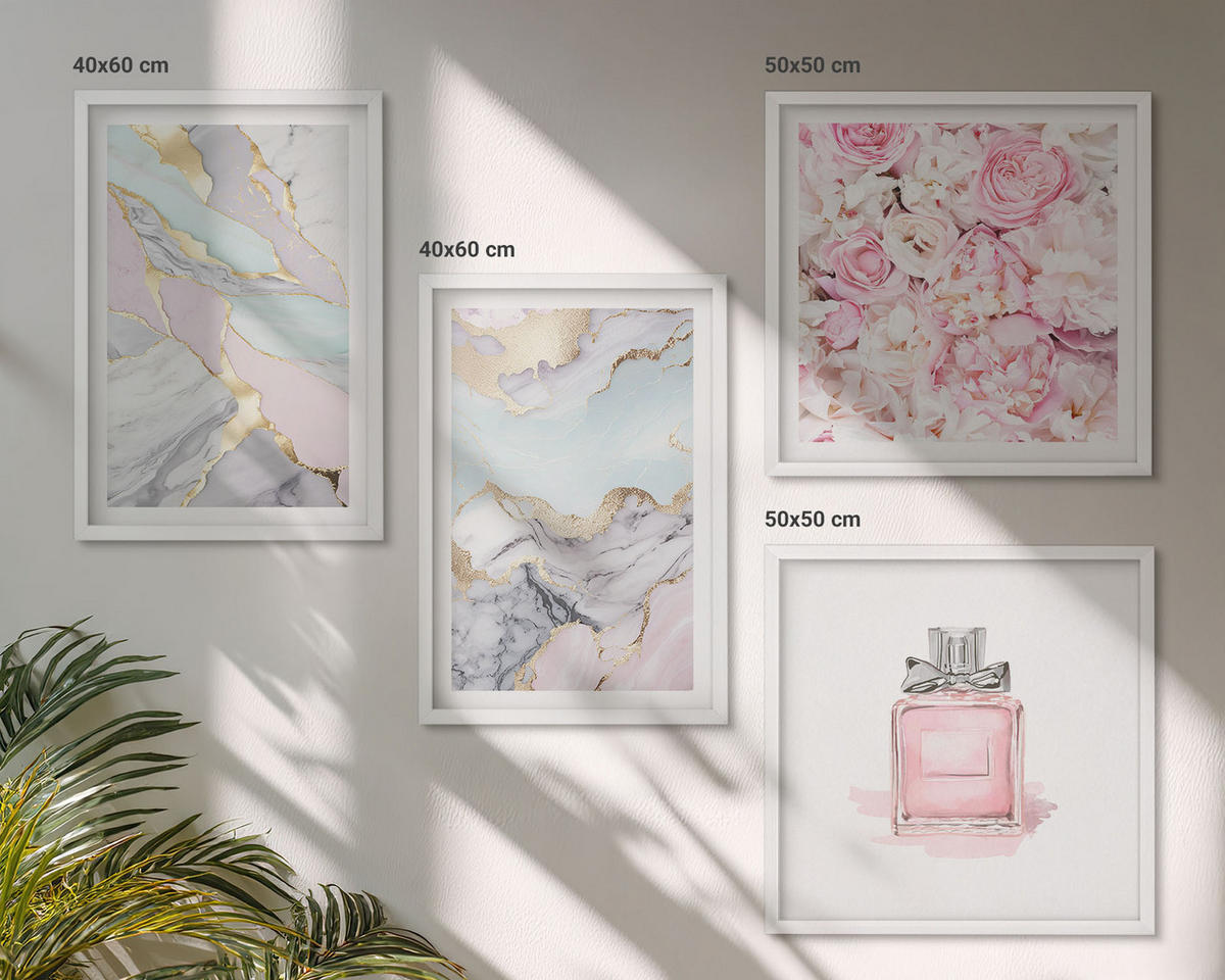 WANDBILDER 4er-Set - 50x50 cm & 40x60 cm Weißer Rahmen - Rosa Blumen Marmor Pastell - Weiß, Kunststoff (50/50cm) - ArtPrintCave