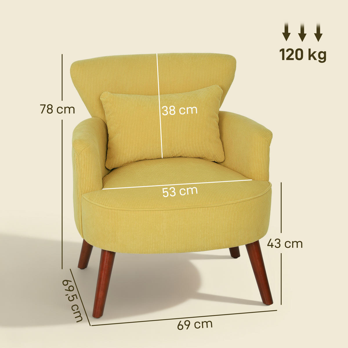 SESSEL mit Rückenlehne, abgerundeten Armlehnen Gepolstert Loungesessel Kordoptik - Gelb, Holz/Textil (69/78/69.5cm) - HOMCOM