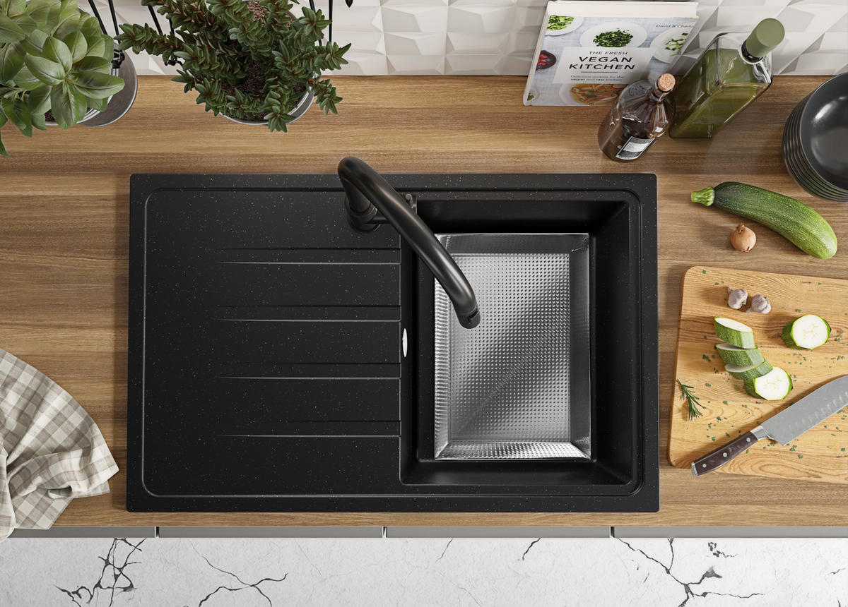 SPÜLBECKEN Mailand, 2-er set Schwarz Metallic 78/50 cm 1 Becken + Ablauf-Set ab 45er Unterschrank - Chromfarben/Schwarz Hochglanz, Kunststoff (78/19/50cm) - Primagran