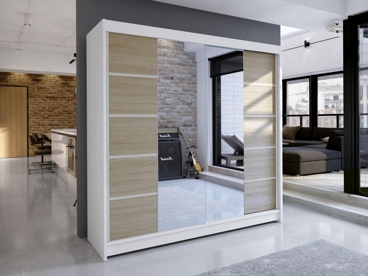 SCHWEBETÜRENSCHRANK Talin V - Beige/Silberfarben, Holzwerkstoff/Metall (180/215/58cm) - MIRJAN24