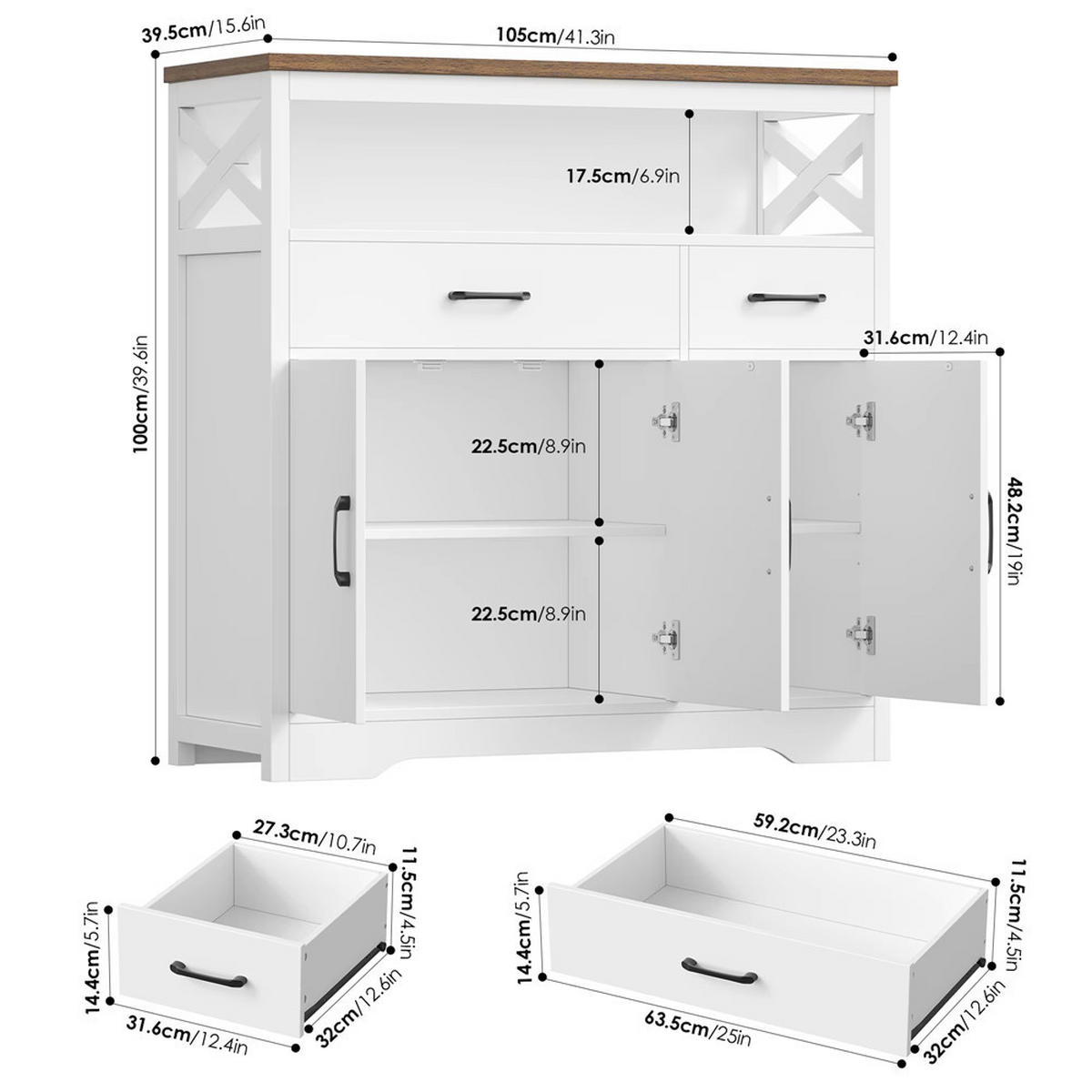 SIDEBOARD 105x100x39,5 cm Küchenschrank mit 2 Schubladen - Weiß, Holz (105/100/39.5cm) - Coonoor