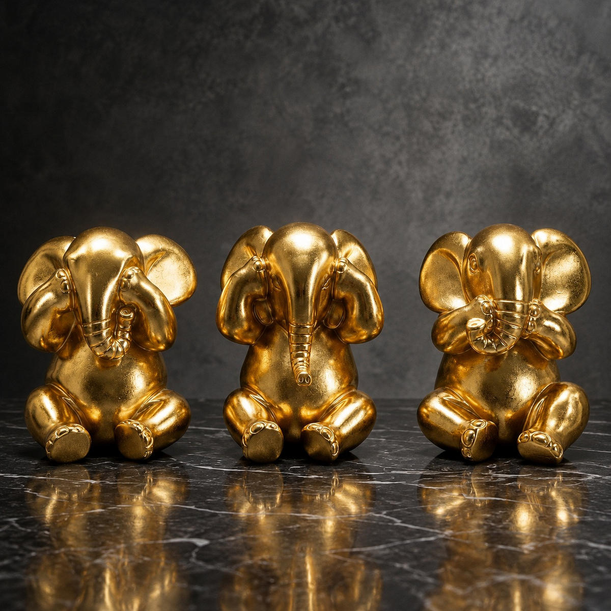 DEKOFIGUREN IM 3ER-SET, goldfarben, Polyresin, Motiv: Elefanten - Goldfarben, Kunststoff (15.5/20.5/15.5cm) - Mauro Ferretti
