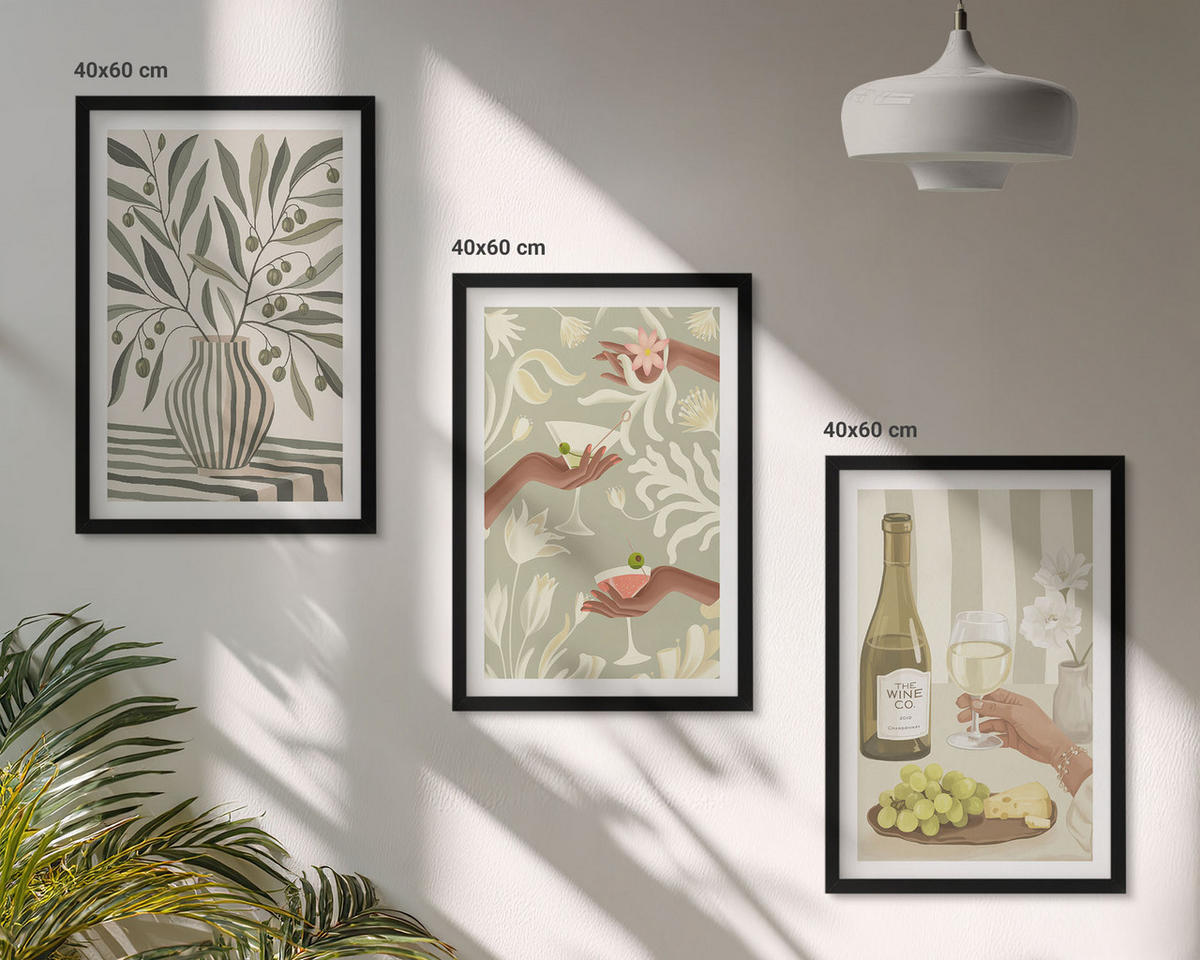 BILDER SET 3er Set - 40x60 cm Schwarzer Rahmen - Rustikale Cocktails mit Olivenblüten - Schwarz, Kunststoff (40/60cm) - TULUP