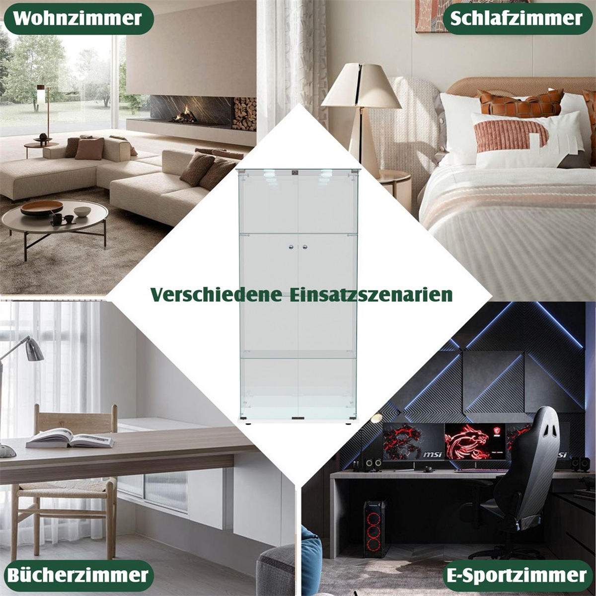 VITRINE - Glasvitrine mit 2 Türen und 4 Ebenen - integrierte LED-Spot-Beleuchtung - Weiß - Weiß, Glas (78.5/163/35cm) - DELFA