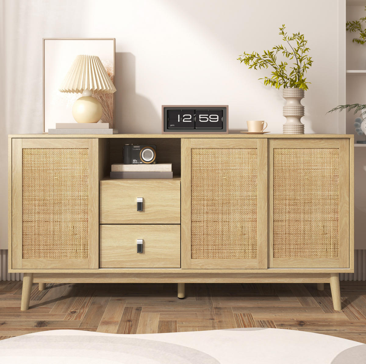 SIDEBOARD 155/38/80 cm Holzfarbe aus MDF mit Rattan-Schiebetüren - Naturfarben, Holzwerkstoff (155/80/38cm) - OKWISH