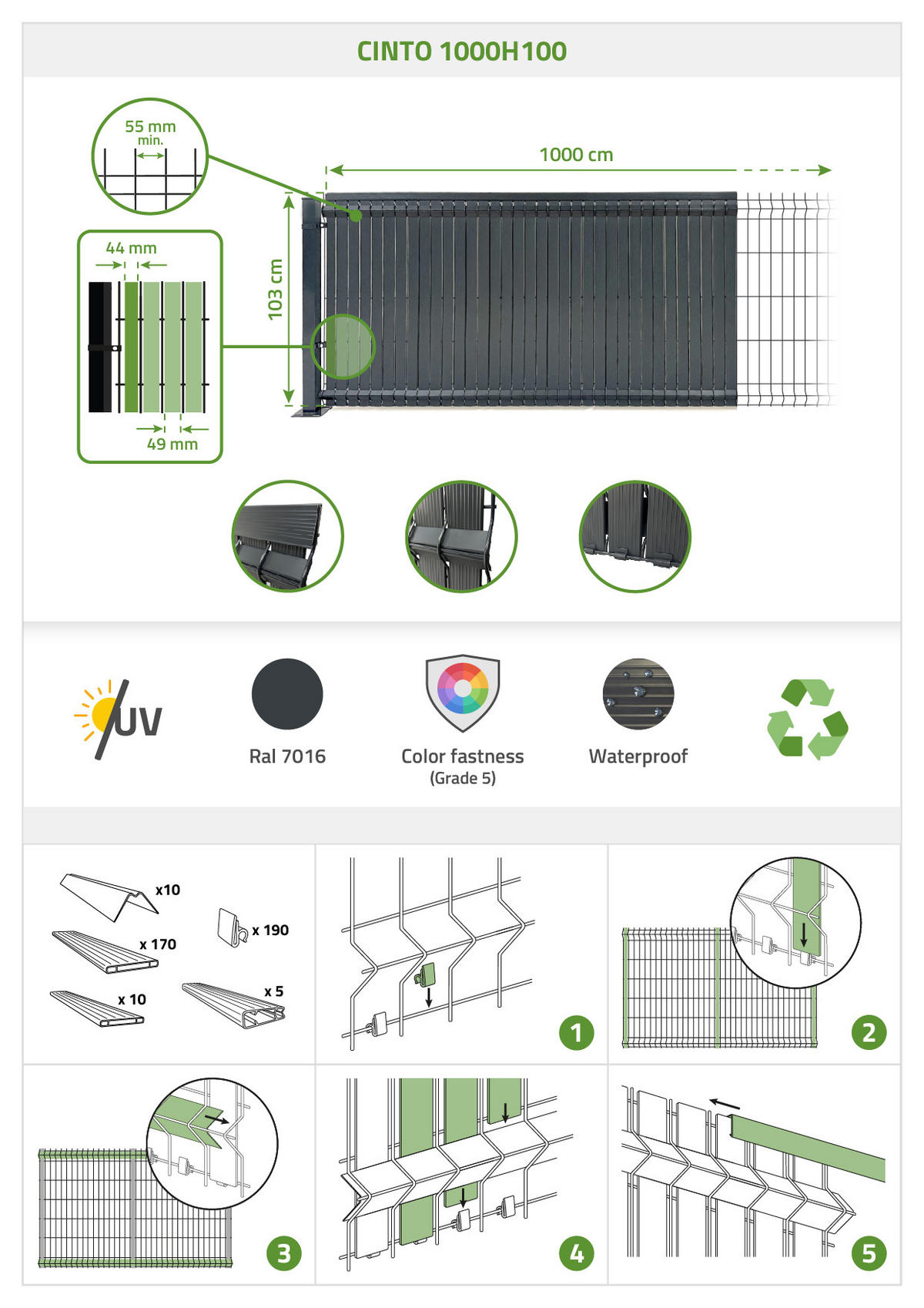 PVC-SICHTSCHUTZLAMELLEN-STEIF-SET Cinto grau 10m H.100cm - Mit clips und Endprofil - Grau, Kunststoff (1000/103cm) - Casanoov