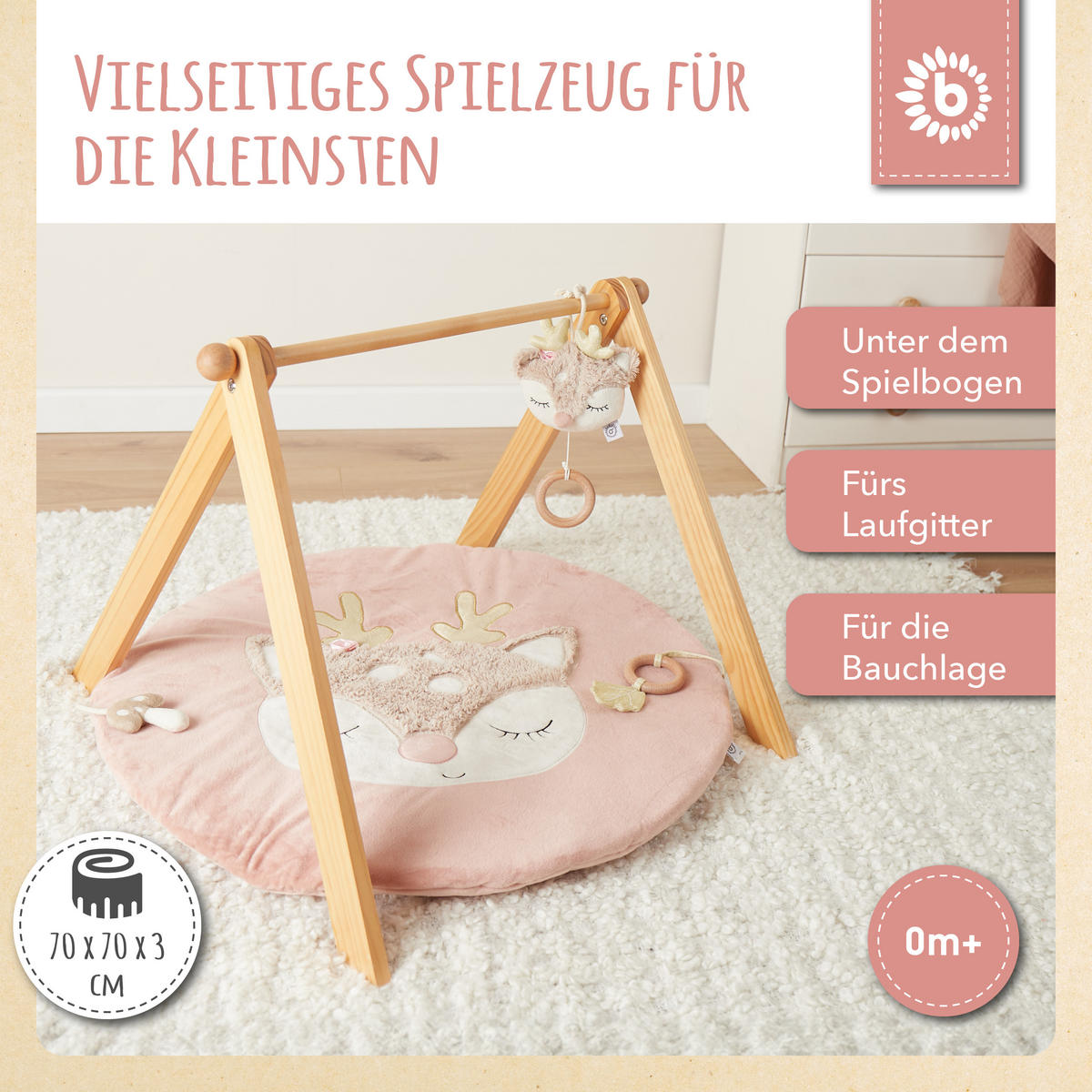 KRABBELDECKE mit Aktivität Reh - Rosa, Textil (70/70cm) - Bieco Spielwaren
