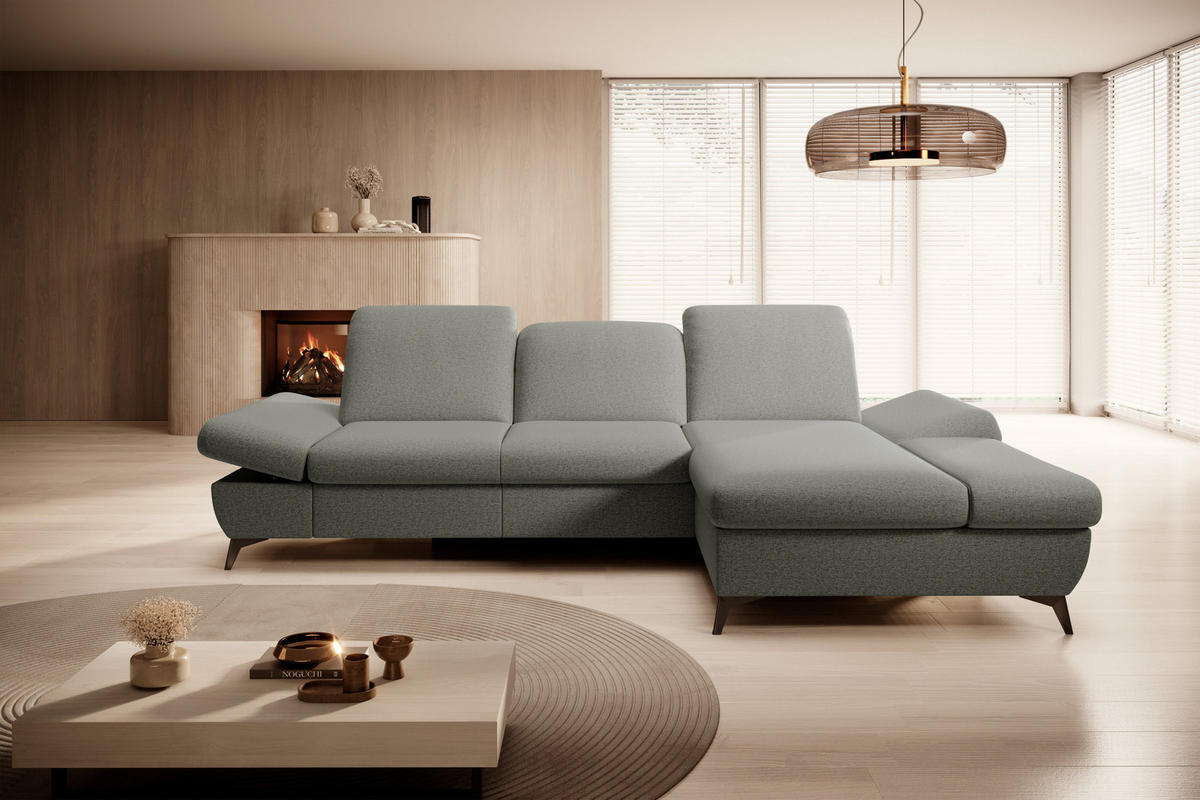 ECKSOFA FELICE R-S Grau Geflochtener Stoff mit Schlaffunktion - Grau, Holz (284/166cm) - MASSENO