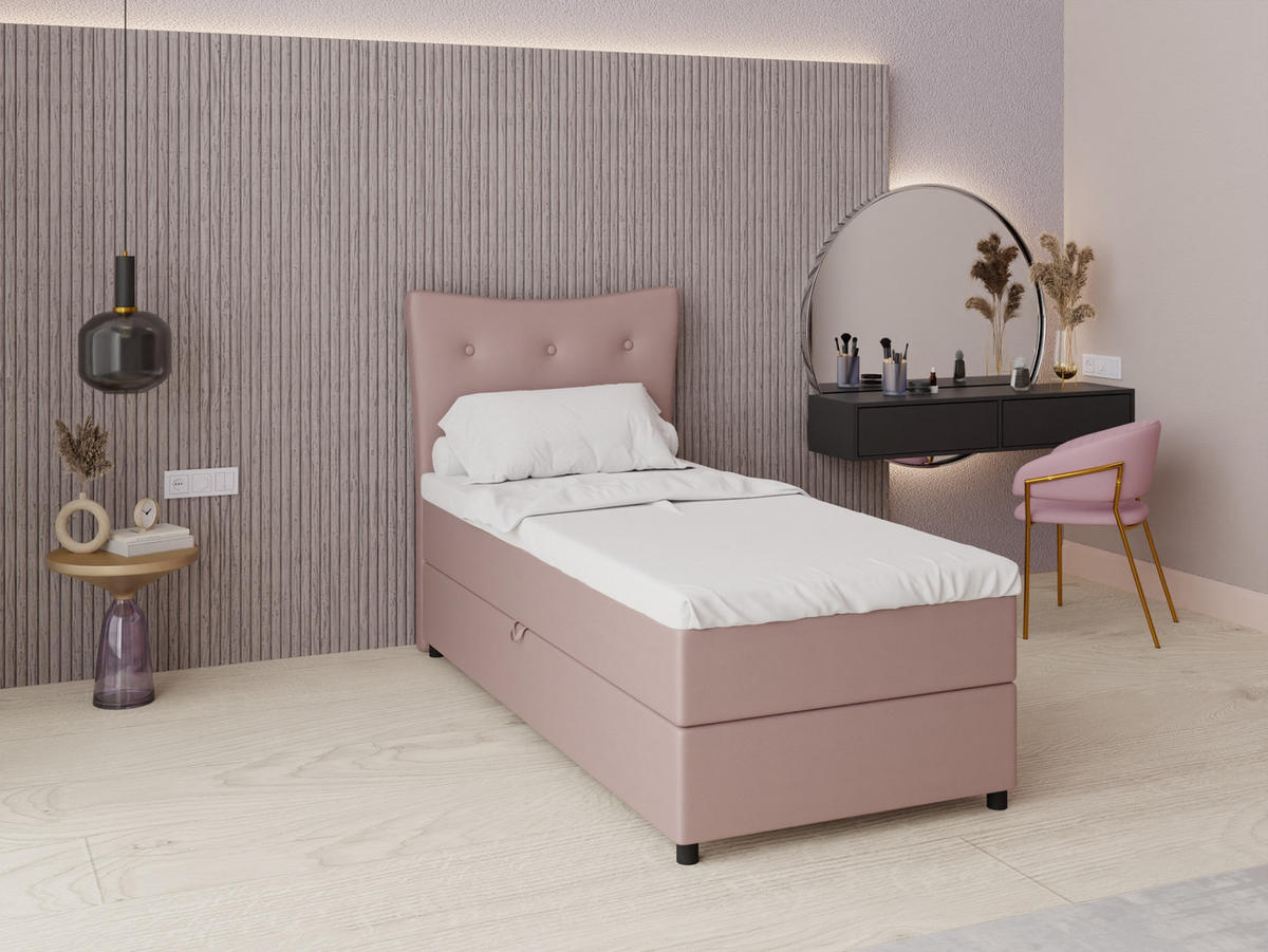 BOXBETT Nevada 90x200 cm Polsterbett mit hochwertiger Bonell-Matratze und Topper - rosa - Rosa, Holz (90/200cm) - Panda Möbel