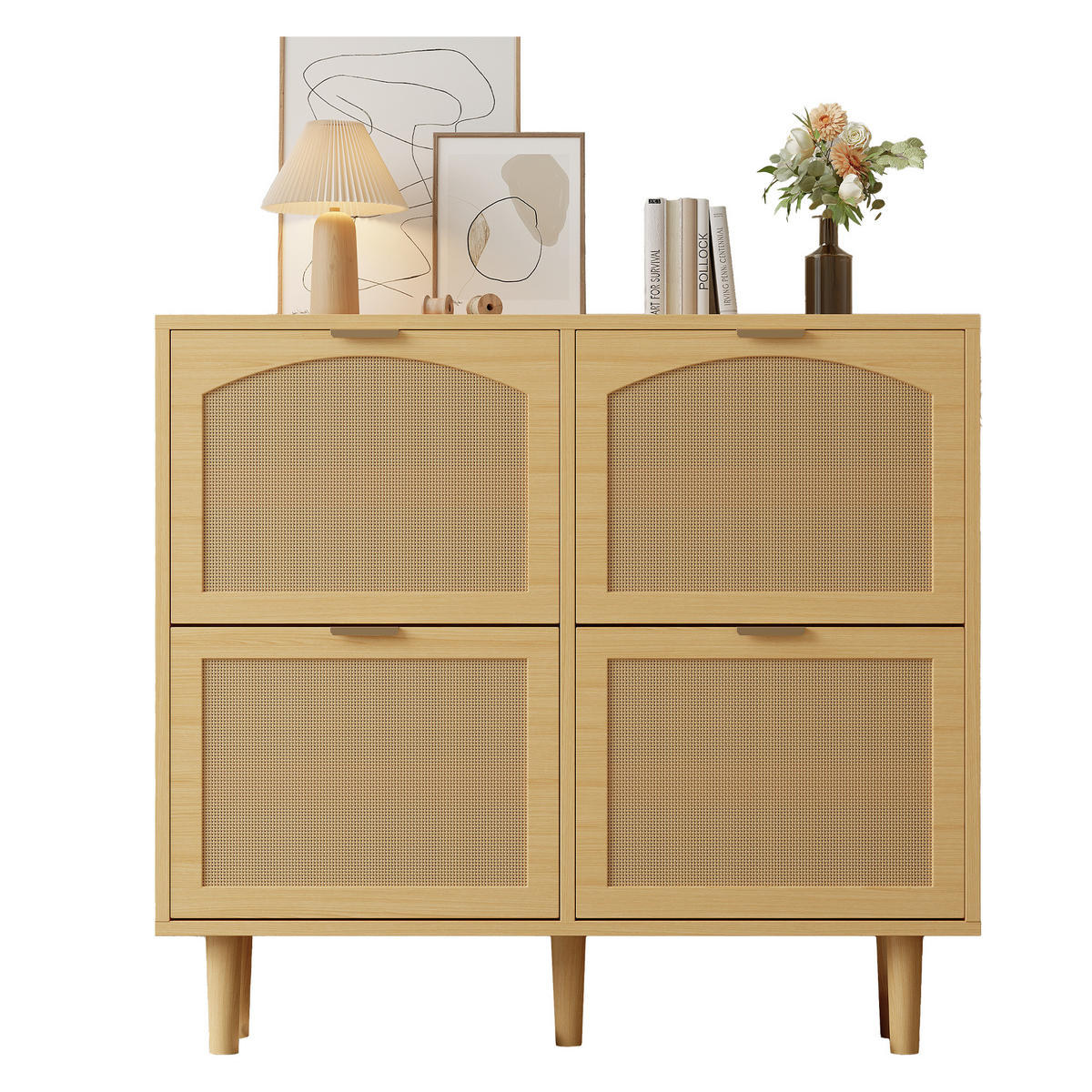 SCHUHSCHRANK Rattan 4 Klappen Landhaus 100x25x90cm - Eichefarben, Holzwerkstoff (25/90/100cm) - FLIEKS