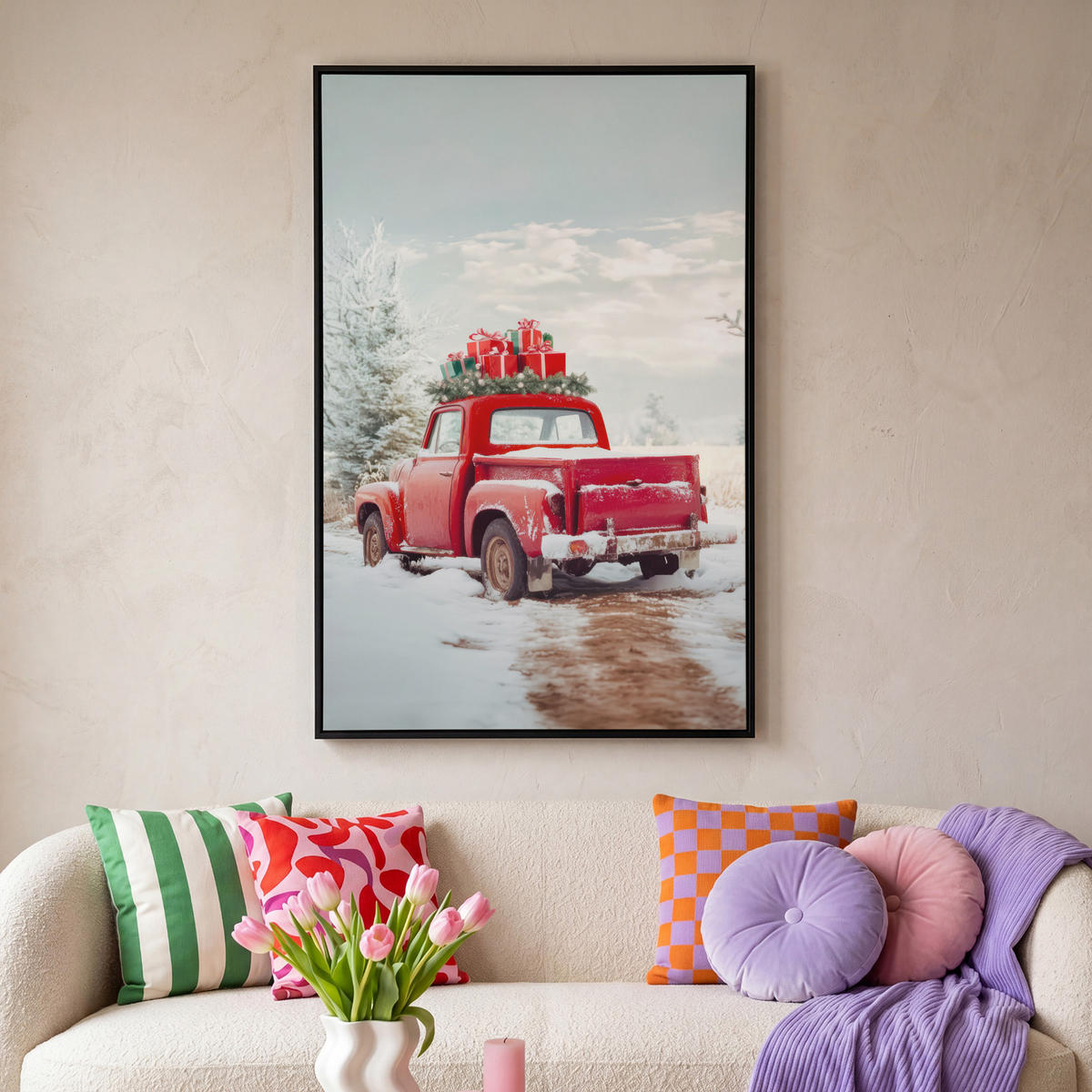 LEINWAND Bilder mit Rahmen - Auto - Rot - Geschenke - Winter - Schnee - Weihnachten - 80x120 - Rot, Textil (80/120cm) - MuchoWow