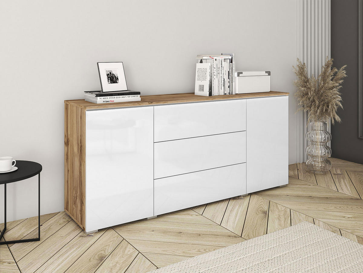 SIDEBOARD Vera 150 - Weiß Hochglanz/Eiche Wotan, Holzwerkstoff (150/66/40cm) - MIRJAN24