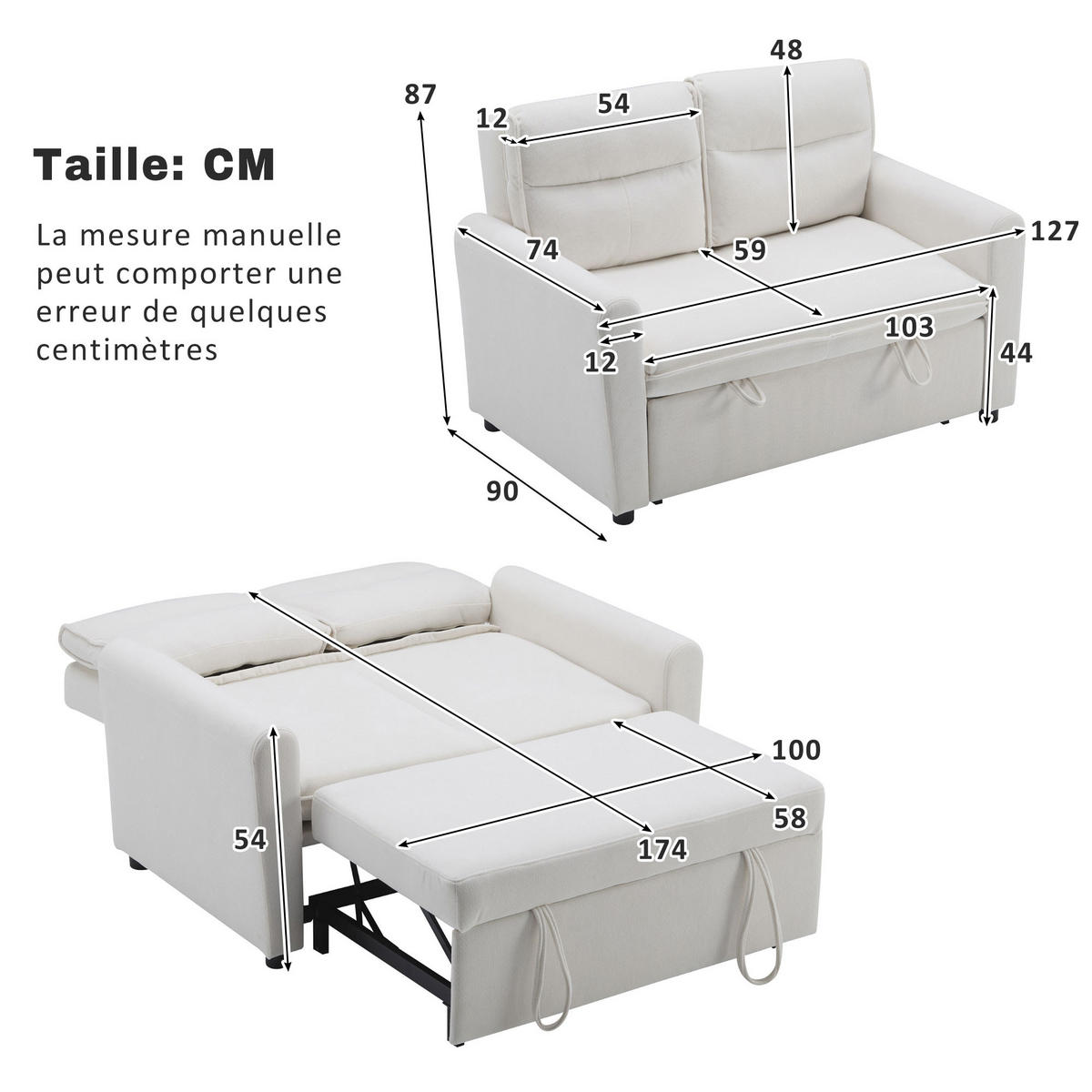 SCHLAFSOFAS mit abnehmbaren Kissen und verstellbarer Rückenlehne - Beige, Holzwerkstoff/Textil (127/87/90cm) - Urban Meuble