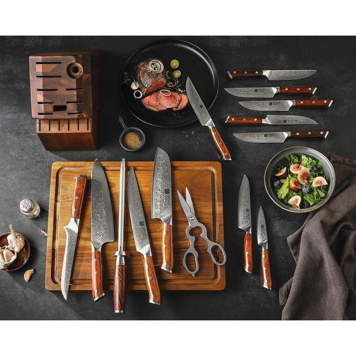 MESSERBLOCKSET 15-teiliges Set Damaststahl mit Wetzstahl und Küchenschere - Braun, Holz