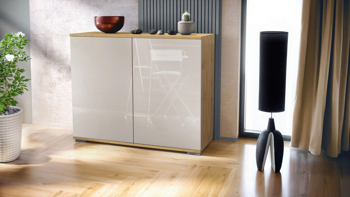 KOMMODE Skadu Sandgrau Hochglanz - Sandfarben, Holzwerkstoff (92.5/75.5/35cm) - Vladon