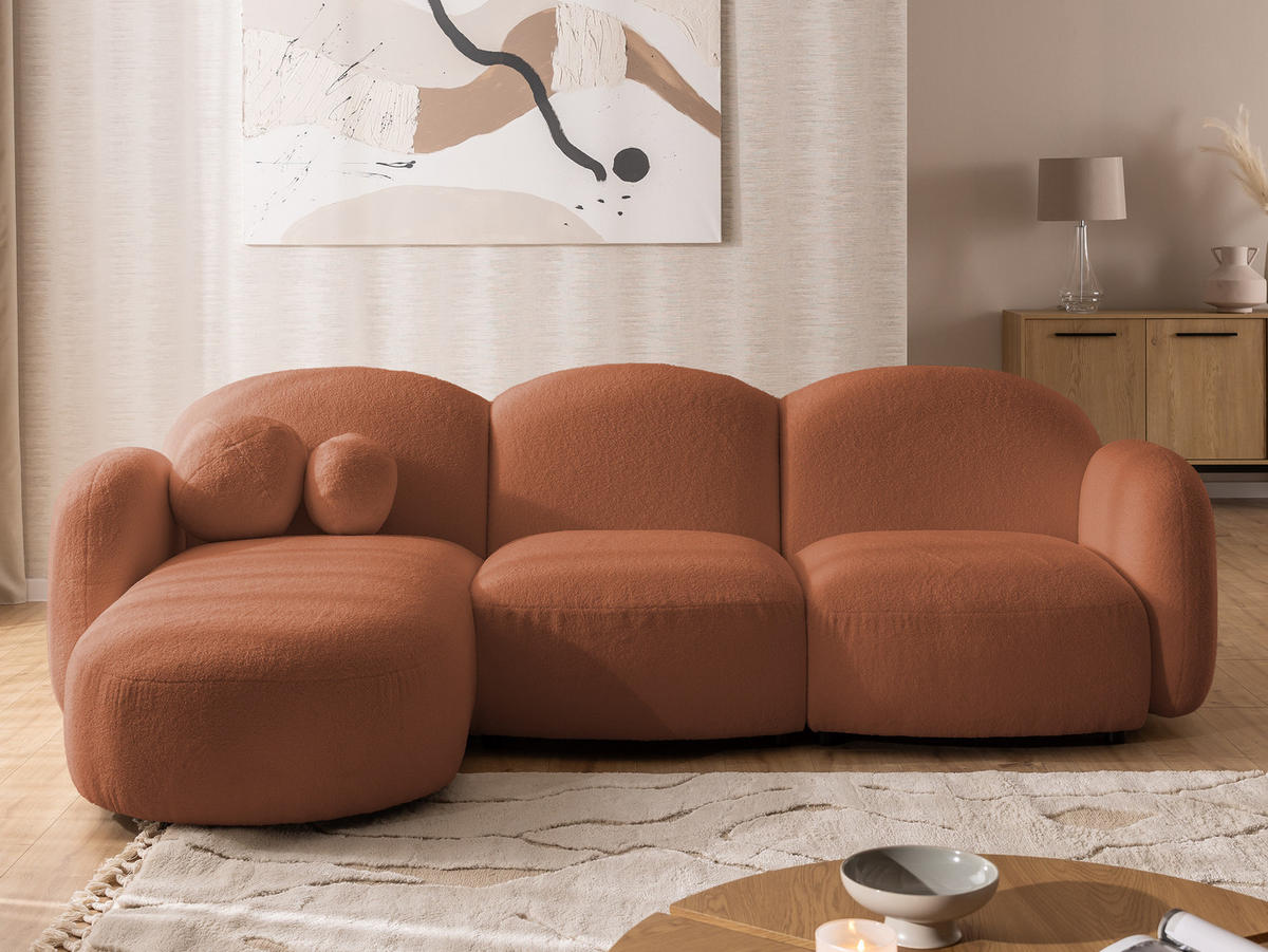 ECKSOFA Nuvola mit abgerundetem Design Terrakotta Bouclé-Stoff - Ottomane Links - Terra cotta/Schwarz, Holz/Kunststoff (268/146cm) - S-Style Möbel