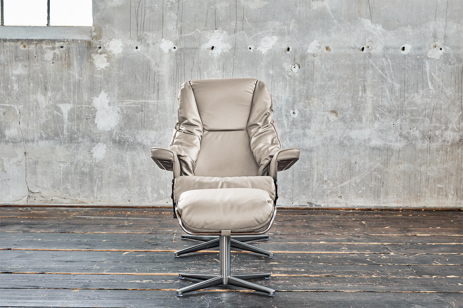 RELAXSESSEL MIT HOCKER MODO Hellgrau Leder - Silberfarben/Hellgrau, Leder/Metall (81/98/90cm) - KAWOLA