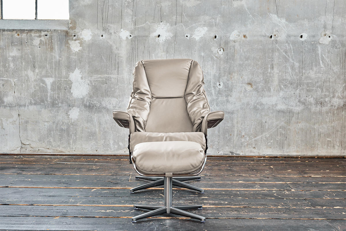 RELAXSESSEL MIT HOCKER MODO Hellgrau Leder - Silberfarben/Hellgrau, Leder/Metall (81/98/90cm) - KAWOLA