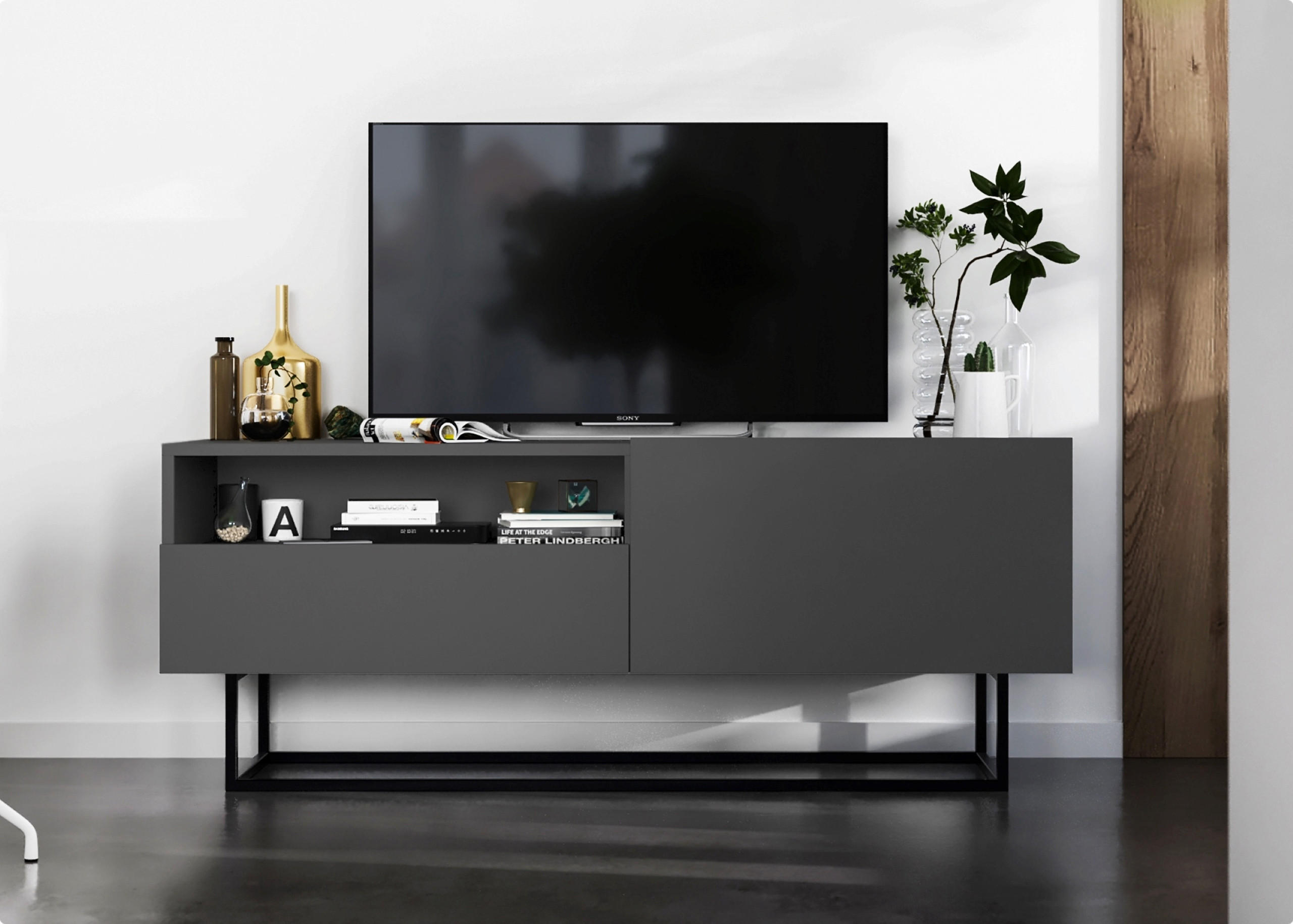 TV-SCHRANK Enjoy Graphit matt mit Metallrahmen Schublade 120 cm - Schwarz/Grau, Holzwerkstoff/Metall (120/46/35cm) - Meble Lindner