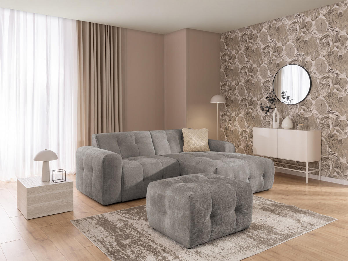 ECKSOFA inkl. Hocker Kozy im Bumpy-Design mit Schlaffunktion und fester Rückenlehne aus weichem Taupe Chenille-Stoff - Ottomane rechts - Taupe/Schwarz, Holz/Kunststoff (234/161cm) - S-Style Möbel