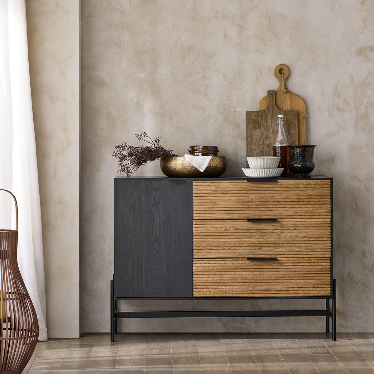 SIDEBOARD Schwarz-Natur - Schwarz/Naturfarben, Holzwerkstoff/Metall (114/83/40cm) - SoBuy