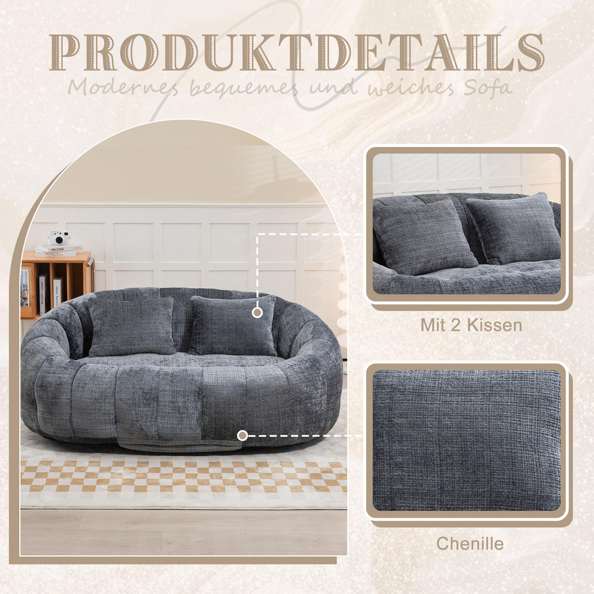 2-SITZER SOFA aus Chenille mit Memory Schaum & ohne Montage - Grau, Textil (145/63/95cm) - Urban Meuble