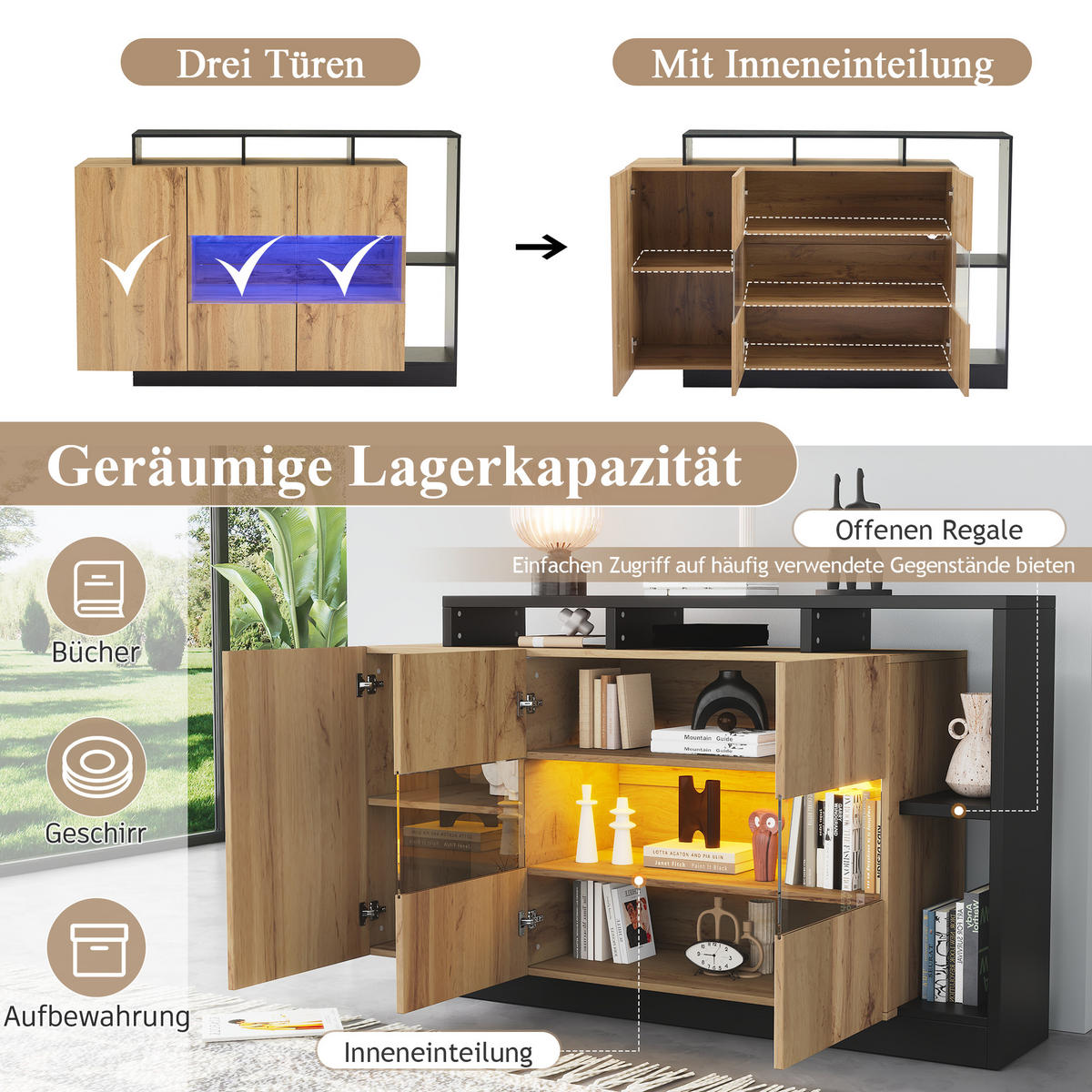 SIDEBOARD LED Holz MDF Bluetooth Modern Esszimmer Stauraum - Naturfarben, Holzwerkstoff (44/93.5/140cm) - FLIEKS