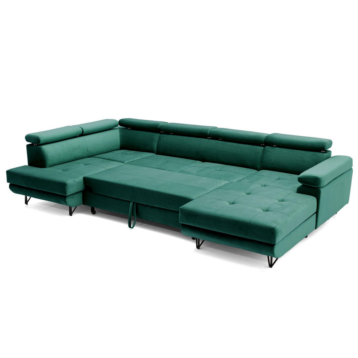ECKSOFA U-Form JUNIOR U Links mit Schlaffunktion 128x254 Velours Dunkelgrün - Dunkelgrün/Schwarz, Holz/Textil (323/90/184cm) - Muffo