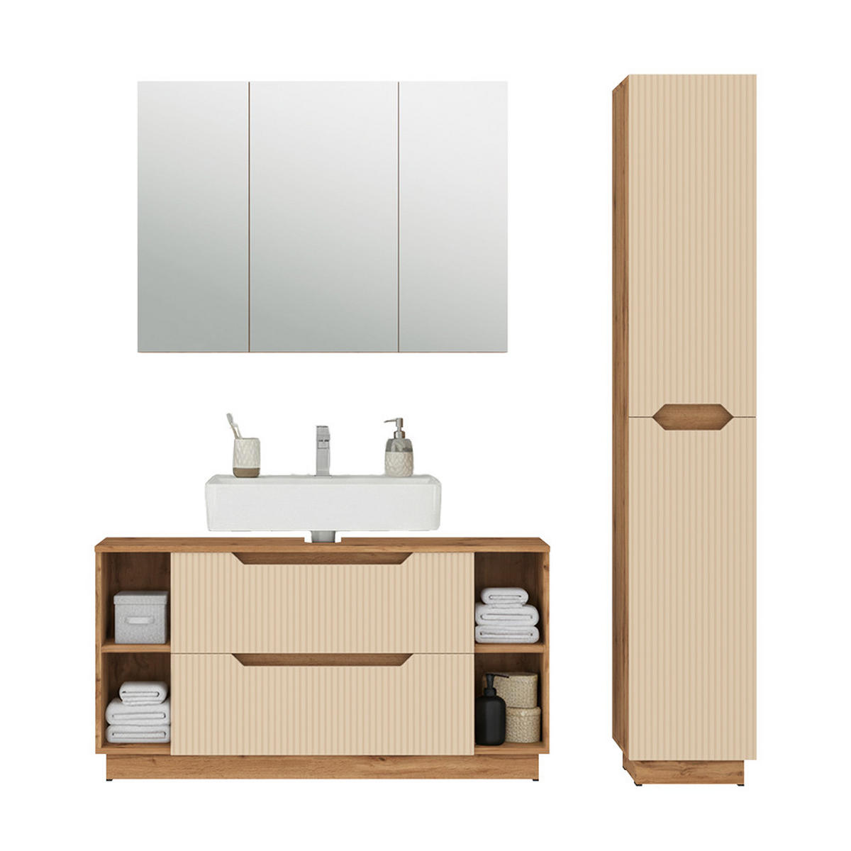 BADMÖBEL-SET Lotta Eiche/Kaschmir gestreift 3 Teile - Kaschmir/Eichefarben, Holzwerkstoff (119.2/62.5/35cm) - Vicco