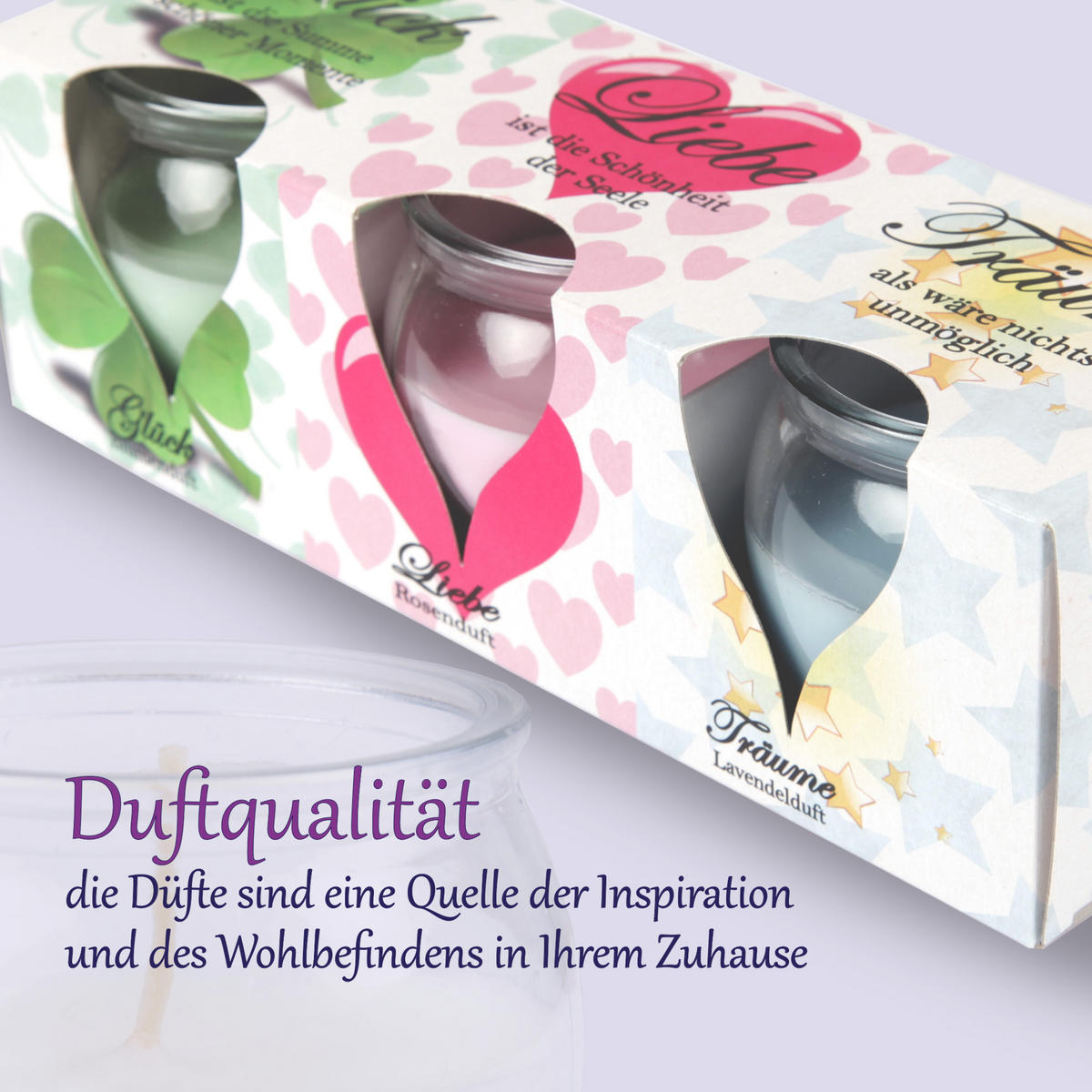 DUFTKERZEN "Romantic" Blume, Rose, Lavendel 3er-Set - Multicolor, Naturmaterialien (6cm) - HS Candle