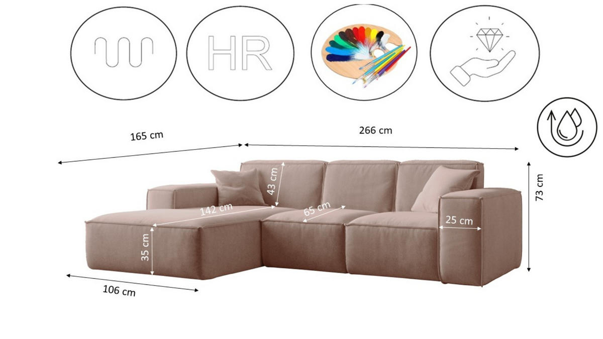 ECKSOFA, Sofa L form, Couch L form Siena L stoff Salvador Rosa Links - Rosa, Holz (165/266cm) - Kaiser Möbel