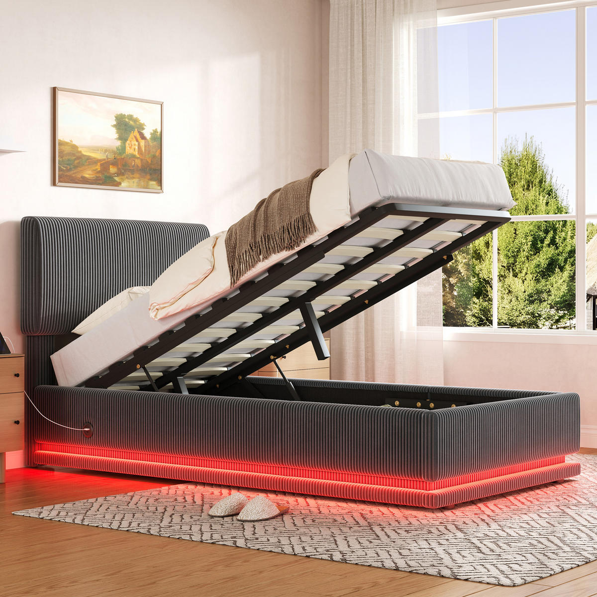 POLSTERBETT mit LED, USB-C und Stauraum 90x200 cm Cord Dunkelgrau - Dunkelgrau, Metall (90/200cm) - Meubliv