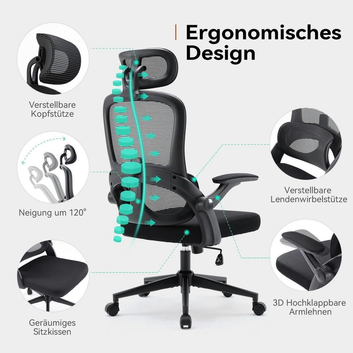 BÜROSTUHL M102C Ergonomisch mit Lendenwirbelstütze Schwarz - Schwarz, Textil (65/126/75cm)