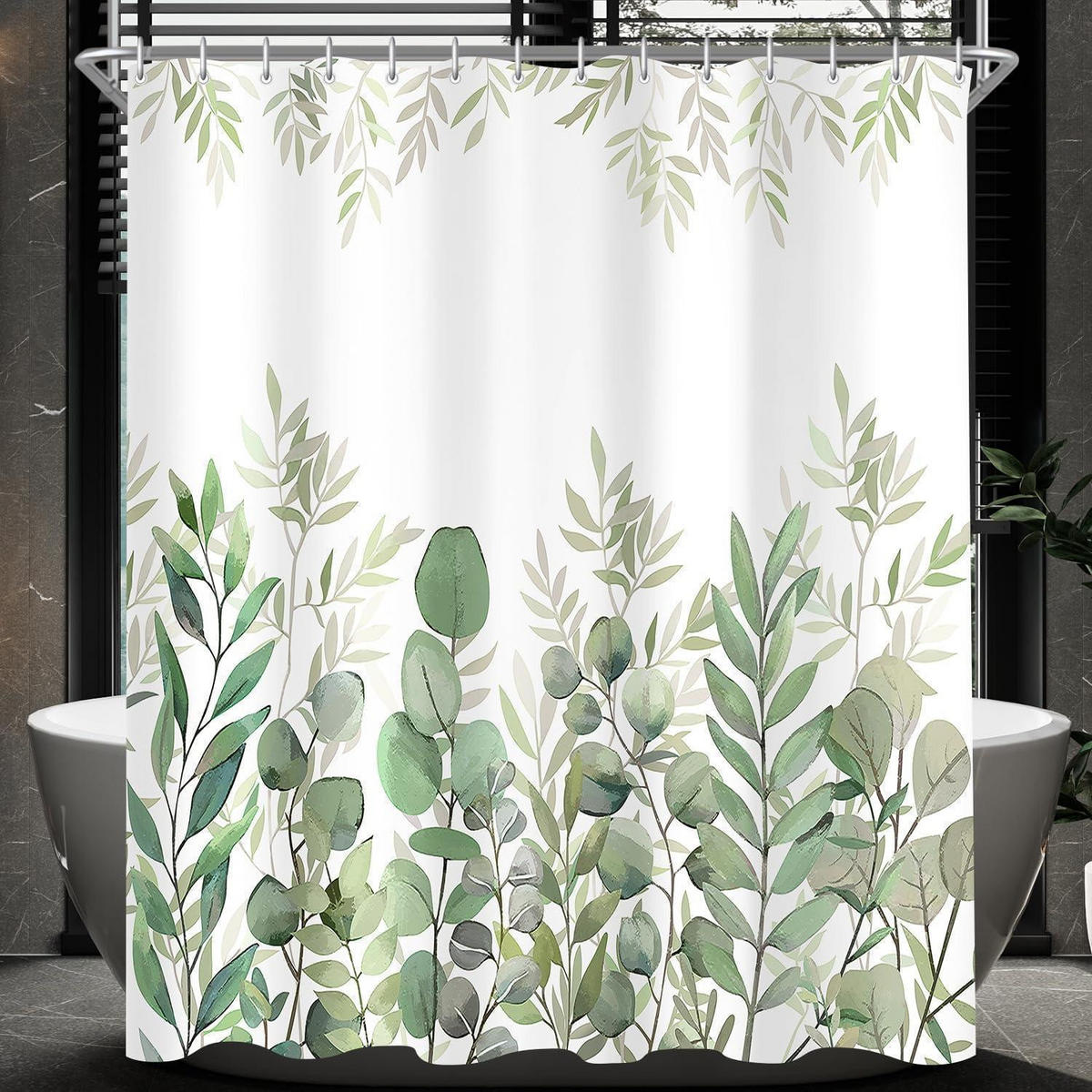 DUSCHVORHANG Blätter Muster 150 x 200 cm Textil Wasserdicht Beschwerter Saum Antischimmel Waschbar Polyester - Grün, Textil (150/200cm)