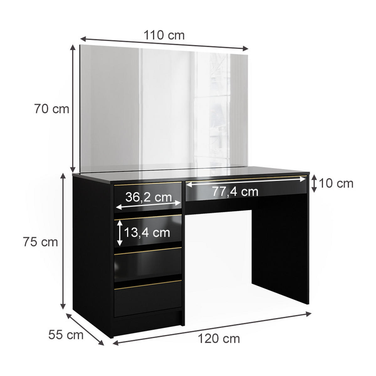 SCHMINKTISCH Sherry Schwarz/Gold 120 cm mit Spiegel - Goldfarben/Schwarz, Holzwerkstoff (120/75/55cm) - Vicco
