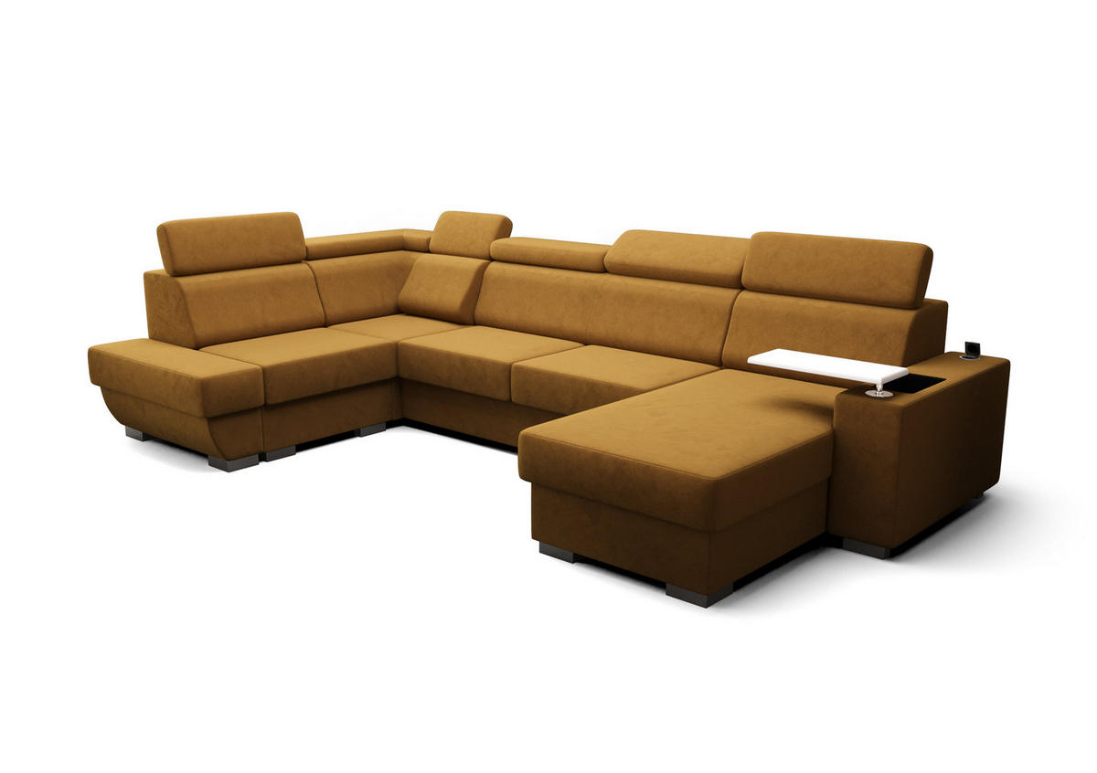 WOHNLANDSCHAFT KONGO RBN20, Eckcouch in U-Form mit Schlaffunktion, Farbe: Gelb, Velourstoff, Ottomane Rechts - Gelb, Textil (340/103/200cm) - O-Sofa